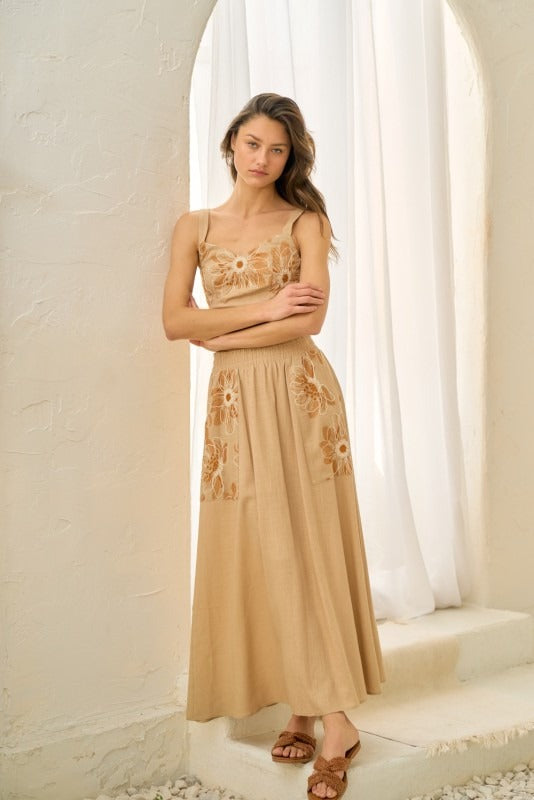 Embroidered Taupe Flower Skirt